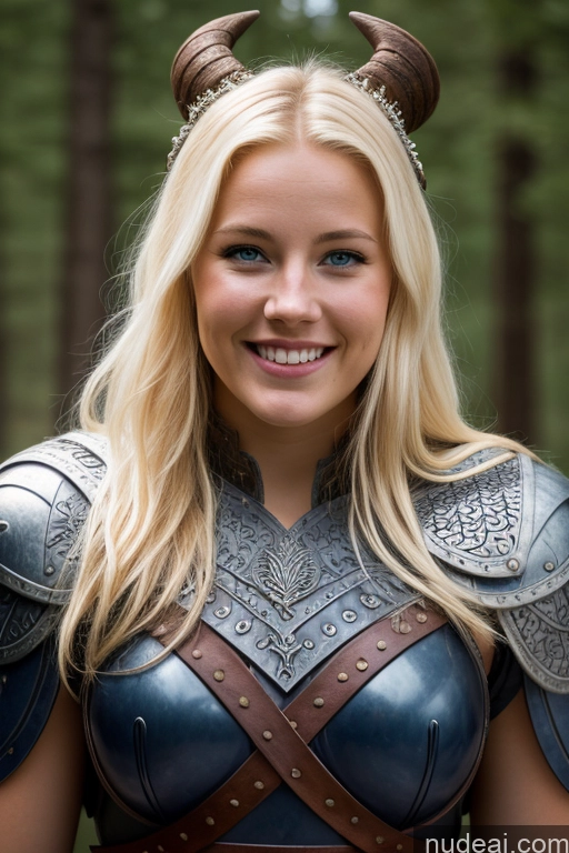 ai nude image of blond woman in armor with horns and a smile on her face pics of Busty Beautiful Blonde Detailed Bright Lighting One Woman Big Ass Tall 20s Scandinavian Dark Fantasy Fantasy Armor Viking Happy Laughing Hair Bun Close-up View