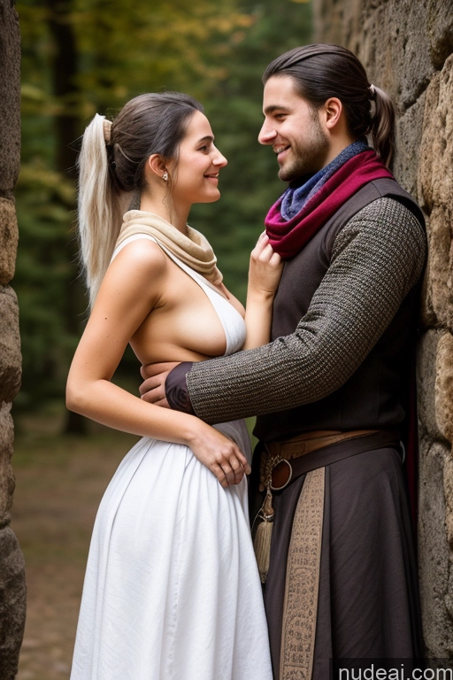 ai nude image of arafed man and woman in medieval clothing standing next to a stone wall pics of Woman + Man Small Tits Pubic Hair 20s White Hair Ponytail German Dark Fantasy Partially Nude Dress Gloves Long Skirt Medieval Scarf Traditional