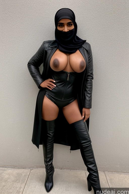 ai nude image of araffe wearing a black leather outfit and a black scarf pics of Busty Perfect Boobs Beautiful Perfect Body Dark Skin 40s Arabic Boots Jacket Leather Niqab