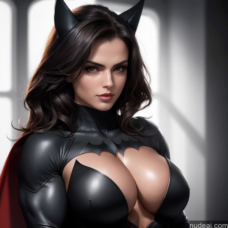 ai nude image of batman catwoman posing in a black leather outfit with a red cape pics of Front View Batwoman Busty Muscular