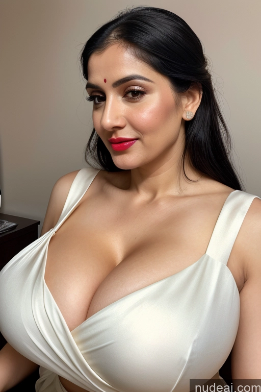 ai nude image of araffed woman in a white dress posing for a picture pics of Woman One Huge Boobs Beautiful Lipstick Fairer Skin 40s Black Hair Slicked White Close-up View Sari Cleavage Simple