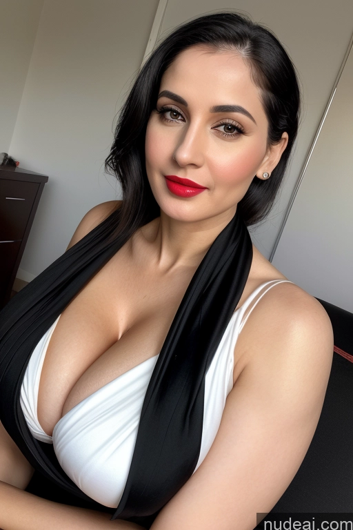 ai nude image of there is a woman with a black and white dress posing for a picture pics of Woman One Huge Boobs Beautiful Lipstick Fairer Skin 40s Black Hair Slicked White Sari Cleavage Simple Close-up View