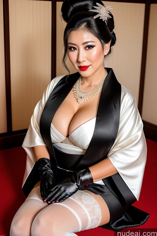 ai nude image of there is a woman in a black and white dress and black gloves pics of Milf Busty Perfect Boobs Lipstick Perfect Body Black Hair Hair Bun Onsen Gloves Kimono Wedding Thigh Socks Pearl Jewelry Jewelry 30s Geisha