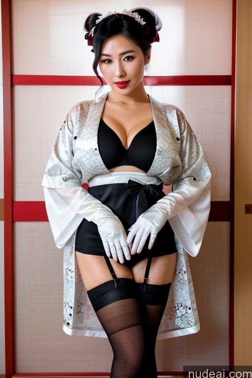 ai nude image of there is a woman in a lingerie posing for a picture pics of Milf Busty Perfect Boobs Lipstick Perfect Body Black Hair Hair Bun Onsen Gloves Kimono Wedding Thigh Socks Pearl Jewelry Jewelry 30s Geisha Japanese Transparent