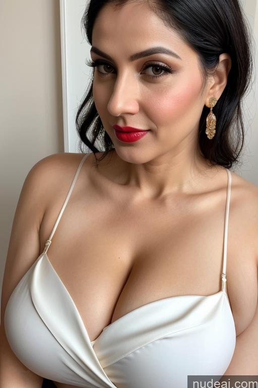 ai nude image of araffed woman in a white dress with a red lipstick pics of Woman One Huge Boobs Beautiful Lipstick Fairer Skin 40s Black Hair Slicked White Close-up View Sari Cleavage Simple