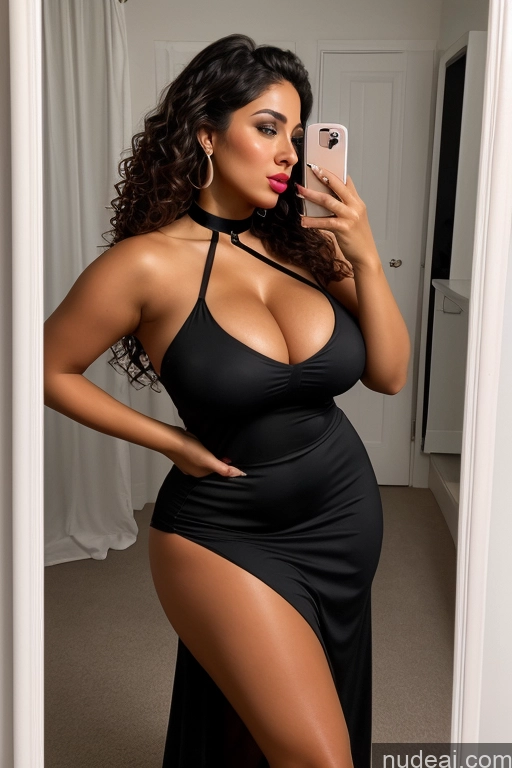 ai nude image of araffe woman in a black dress taking a selfie in a mirror pics of Huge Boobs Big Hips Tanned Skin 30s Brunette Curly Hair Arabic Mirror Selfie One Detailed Choker Dress Pouting Lips