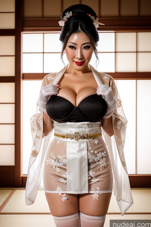 ai nude image of araffe woman in a kimono with a white sash and a black bra pics of Milf Busty Perfect Boobs Lipstick Perfect Body Black Hair Hair Bun Onsen Gloves Kimono Wedding Thigh Socks Pearl Jewelry Jewelry Geisha Japanese Transparent 40s