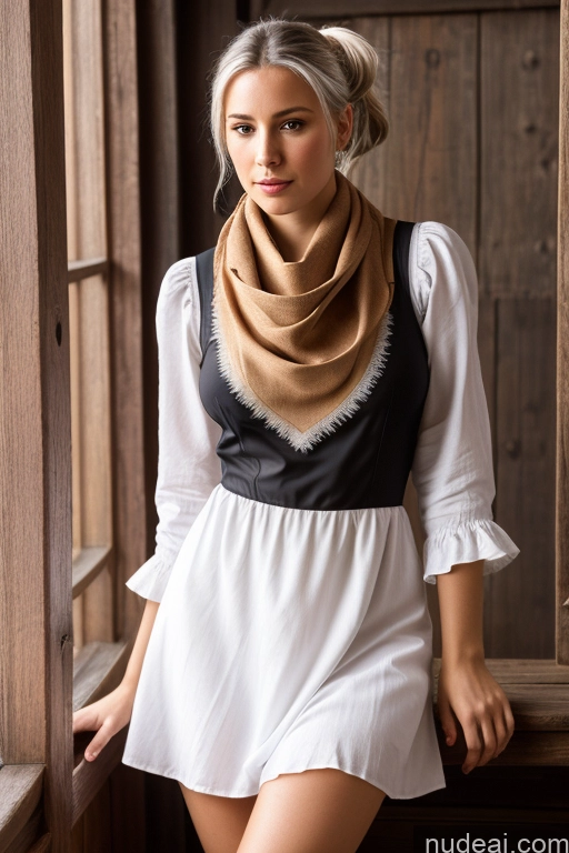 ai nude image of blond woman in white dress and scarf leaning against wooden wall pics of Woman Small Tits Pubic Hair 20s White Hair Ponytail German Dark Fantasy Dirndl Dress Long Skirt Medieval Scarf Traditional Partially Nude Close-up View