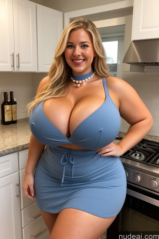 ai nude image of arafed woman in a blue dress posing in a kitchen pics of Busty Beautiful Big Ass Thick 30s Happy Choker Dress Cleavage Long Hair Bending Over Chubby One Model Huge Boobs Lipstick Perfect Boobs Scandinavian Big Hips Mirror Selfie Bra Bright Lighting Pearl Jewelry Kitchen Topless