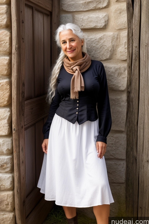 ai nude image of there is a woman standing in front of a door wearing a scarf pics of Woman Small Tits Pubic Hair White Hair Ponytail German Dark Fantasy Front View Dirndl Dress Medieval Long Skirt Scarf Traditional Partially Nude 60s