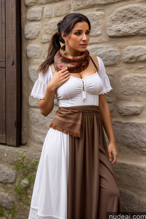 ai nude image of arafed woman in a white dress and brown skirt standing in front of a stone wall pics of Woman Small Tits Pubic Hair 30s Brunette Ponytail Turkish Dark Fantasy Front View Dirndl Dress Long Skirt Medieval Scarf Partially Nude Traditional