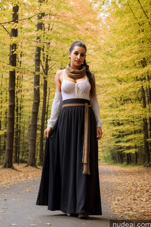 ai nude image of arafed woman in a long skirt and scarf standing on a path pics of Woman Small Tits Pubic Hair 30s Brunette Ponytail Turkish Dark Fantasy Front View Dirndl Dress Long Skirt Medieval Scarf Partially Nude Traditional Topless