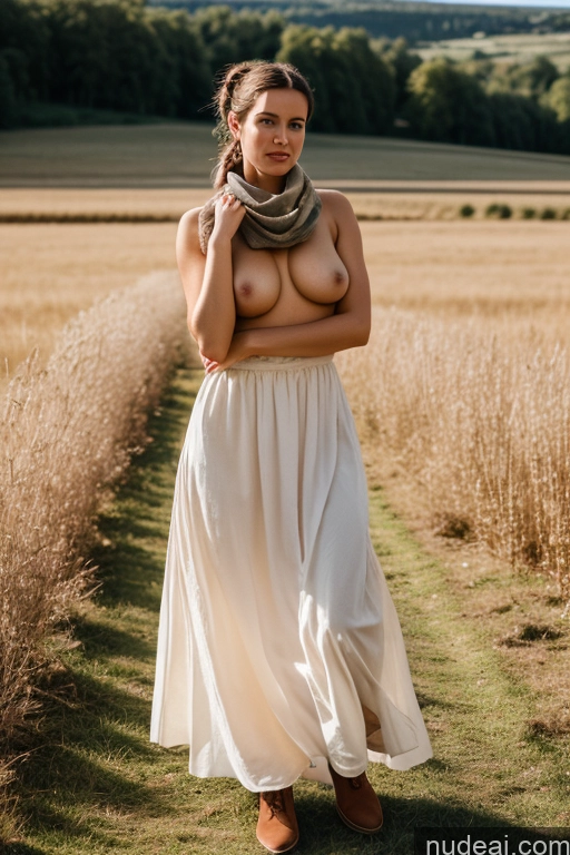 ai nude image of arafed woman in a white dress standing in a field pics of Woman Small Tits Pubic Hair Brunette Ponytail British Dark Fantasy Front View Dirndl Dress Long Skirt Medieval Scarf Traditional Partially Nude Topless Bright Lighting 20s