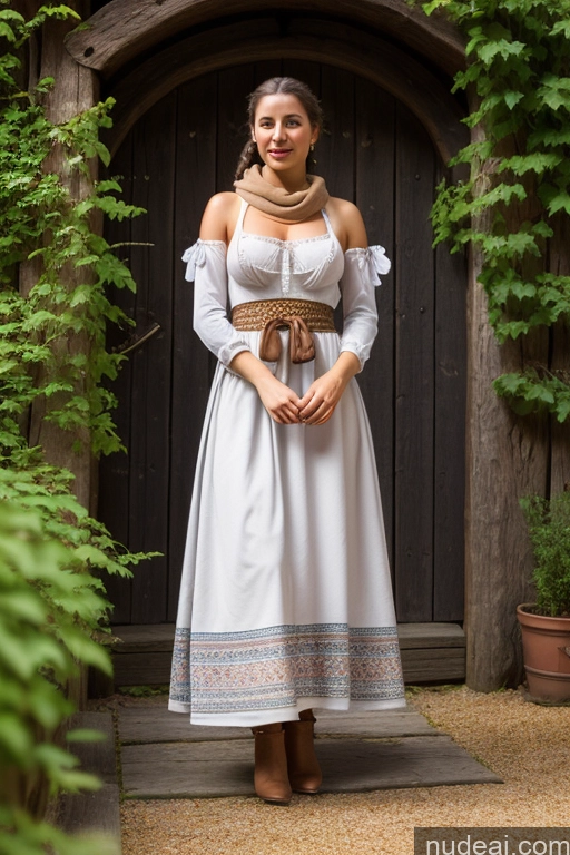 ai nude image of arafed woman in a white dress standing in front of a wooden door pics of Woman Small Tits Pubic Hair Brunette Ponytail British Dark Fantasy Front View Dirndl Dress Long Skirt Medieval Scarf Traditional Partially Nude Topless Bright Lighting 20s