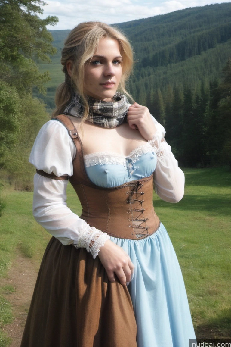 ai nude image of blond woman in a blue dress and a plaid scarf posing for a picture pics of Woman Small Tits Pubic Hair 20s Blonde Ponytail Scandinavian Dark Fantasy Dirndl Dress Scarf Medieval Long Skirt Traditional Victorian Tribal Viking Partially Nude Bright Lighting