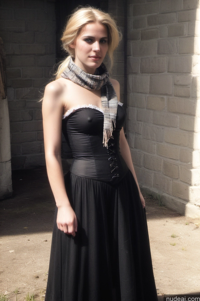 ai nude image of blond woman in black dress and scarf standing in front of a brick wall pics of Woman Small Tits Pubic Hair 20s Blonde Ponytail Scandinavian Dark Fantasy Dirndl Dress Scarf Medieval Long Skirt Traditional Victorian Tribal Viking Partially Nude Bright Lighting