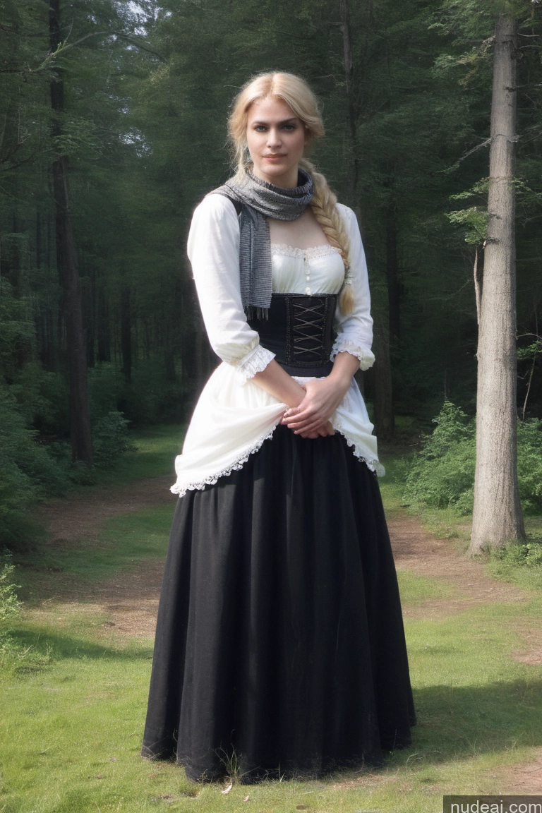 ai nude image of there is a woman in a dress standing in the woods pics of Woman Small Tits Pubic Hair 20s Blonde Ponytail Scandinavian Dark Fantasy Dirndl Dress Scarf Medieval Long Skirt Traditional Victorian Tribal Viking Partially Nude Bright Lighting