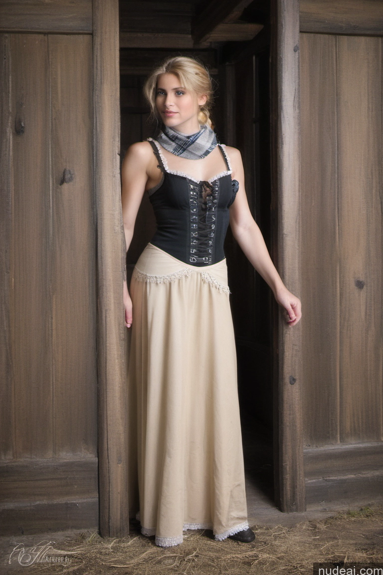 ai nude image of blond woman in a corset and skirt standing in a doorway pics of Woman Small Tits Pubic Hair 20s Blonde Ponytail Scandinavian Dark Fantasy Dirndl Dress Scarf Medieval Long Skirt Traditional Victorian Tribal Viking Partially Nude Bright Lighting