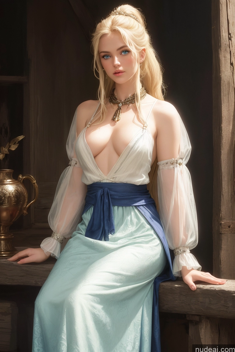 ai nude image of blond woman in a blue and white dress sitting on a wooden bench pics of Woman Small Tits Pubic Hair 20s Blonde Ponytail Scandinavian Dark Fantasy Dirndl Dress Scarf Medieval Long Skirt Traditional Victorian Tribal Viking Partially Nude Bright Lighting