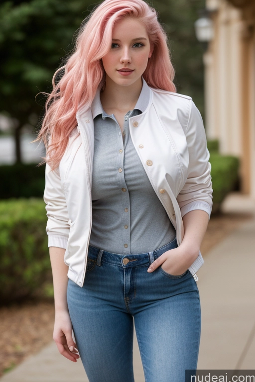 ai nude image of arafed woman with pink hair and a white jacket posing for a picture pics of Beautiful Fairer Skin 18 Pink Hair Long Hair White Jacket Jeans Polo Front View Big Ass Huge Boobs Big Hips