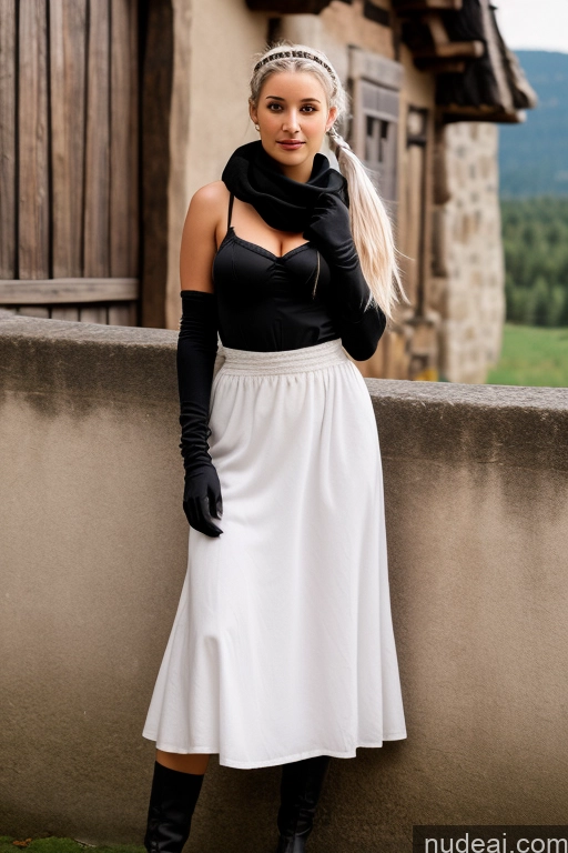 ai nude image of blond woman in black top and white skirt leaning against wall pics of Woman Small Tits Pubic Hair 20s White Hair Ponytail German Dark Fantasy Dirndl Gloves Long Skirt Medieval Scarf Traditional Partially Nude