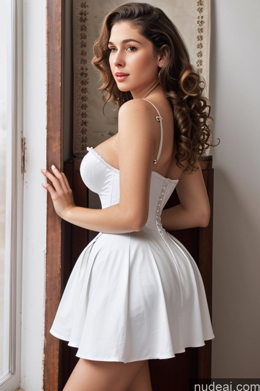 ai nude image of araffed woman in a white dress leaning against a window pics of Woman One Busty Big Ass Long Legs 30s Serious Brunette Curly Hair White Soft + Warm 60s Corset Jewelry Long Skirt Transparent