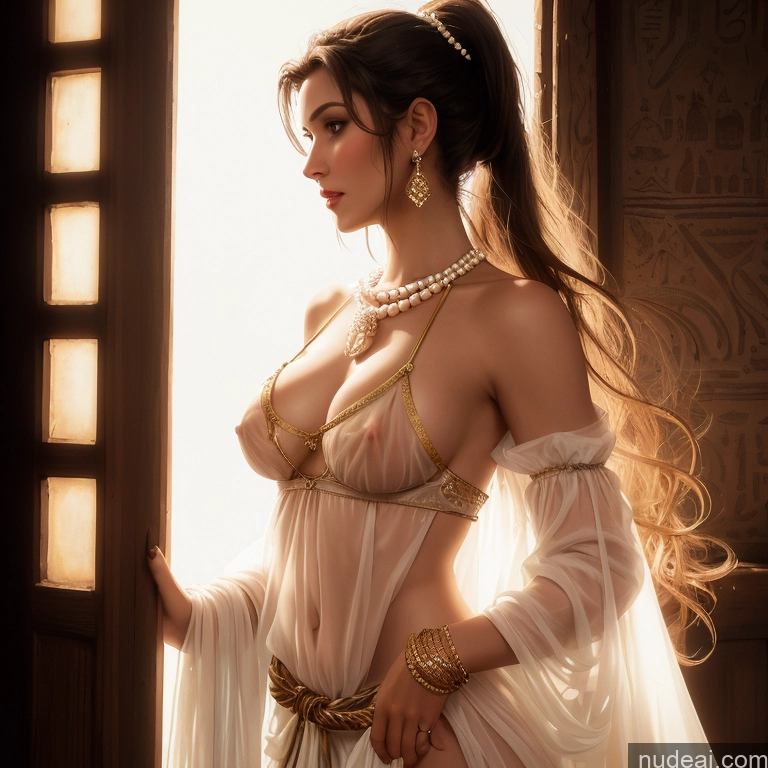 ai nude image of araffe woman in a white dress with a gold belt pics of Woman Small Tits Pubic Hair 40s Ponytail Brunette Egyptian Dark Fantasy Front View Dirndl Dress Medieval Traditional Tribal Cleavage Partially Nude Topless Transparent Diamond Jewelry Gold Jewelry Jewelry Pearl Jewelry Bright Lighting