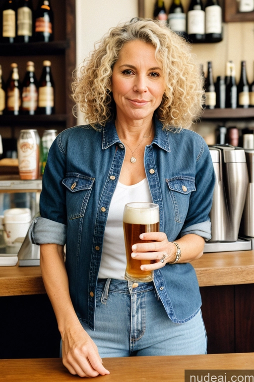 ai nude image of woman with blonde hair holding a glass of beer in front of a bar pics of Curly Hair Film Photo Beer Wine Small Ass Small Tits Skinny Milf 40s Sad Fairer Skin Blonde British Eating Cafe Jeans Shirt