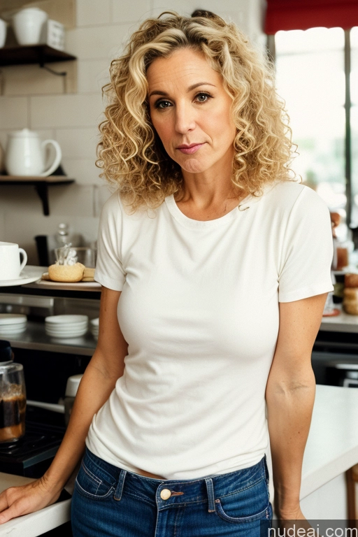 ai nude image of blond woman with curly hair standing in kitchen with coffee maker pics of Curly Hair Film Photo Small Ass Small Tits Skinny Milf 40s Sad Fairer Skin Blonde British Eating Cafe Jeans Shirt