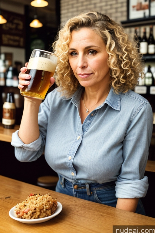 ai nude image of blonde woman holding a glass of beer and a plate of food pics of Curly Hair Film Photo Beer Wine Small Ass Small Tits Skinny Milf 40s Sad Fairer Skin Blonde British Eating Cafe Jeans Shirt