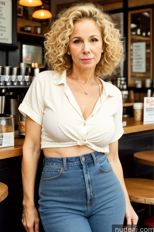 ai nude image of blond woman with curly hair posing in a restaurant pics of Curly Hair Film Photo Small Ass Small Tits Skinny Milf 40s Fairer Skin Blonde British Eating Cafe Jeans Shirt Shocked