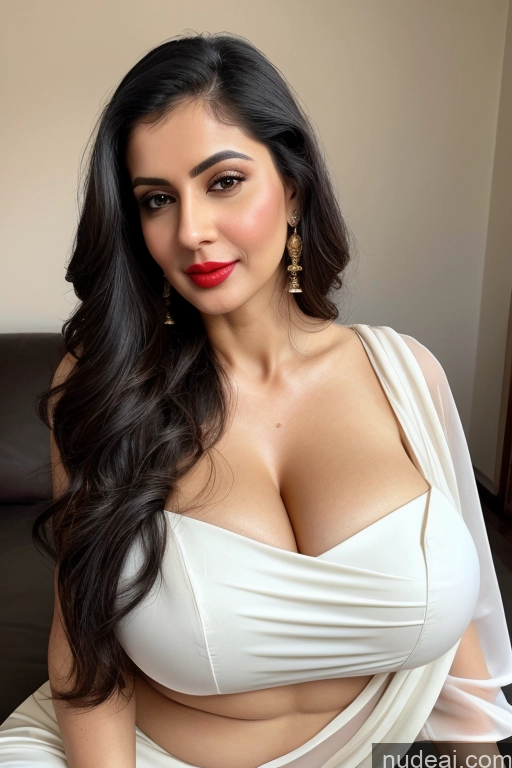 ai nude image of araffed woman in a white dress posing for a picture pics of Woman One Huge Boobs Beautiful Lipstick Fairer Skin 40s Black Hair Slicked White Close-up View Sari Cleavage Simple