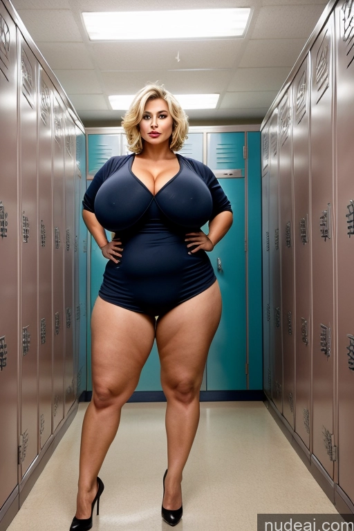 ai nude image of araffe woman in a blue bodysuit standing in a hallway pics of Milf One Busty Huge Boobs Perfect Boobs Beautiful Lipstick Big Ass Thick Chubby Big Hips Short Perfect Body 50s Blonde Pixie Locker Room Nude