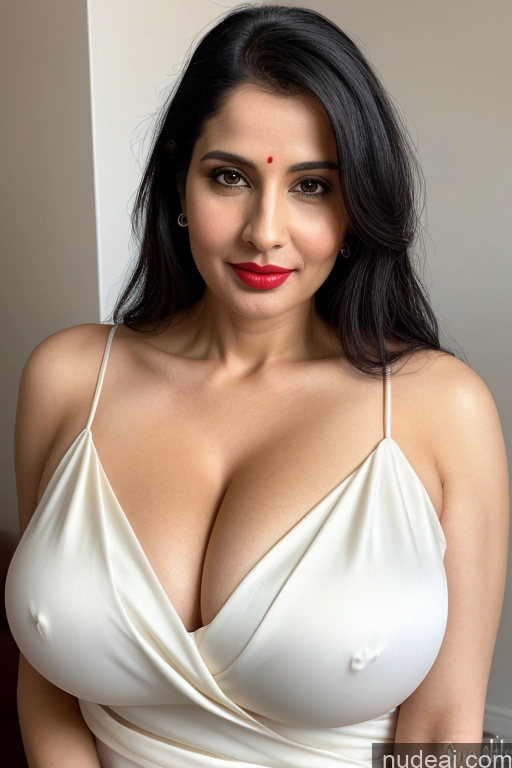 ai nude image of arafed woman in a white dress posing for a picture pics of Woman One Huge Boobs Beautiful Lipstick Fairer Skin 40s Black Hair Slicked White Close-up View Sari Cleavage Simple