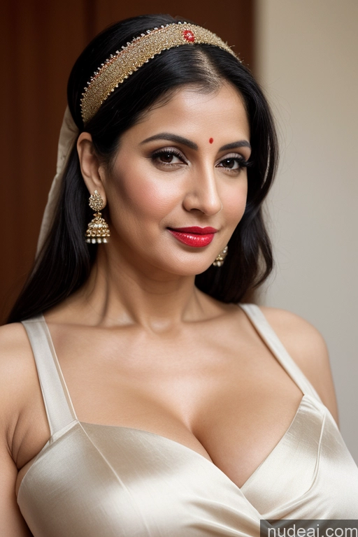 ai nude image of araffe woman in a gold dress with a red jewel headband pics of Woman One Huge Boobs Beautiful Lipstick Fairer Skin 40s Black Hair Slicked White Close-up View Sari Cleavage Simple