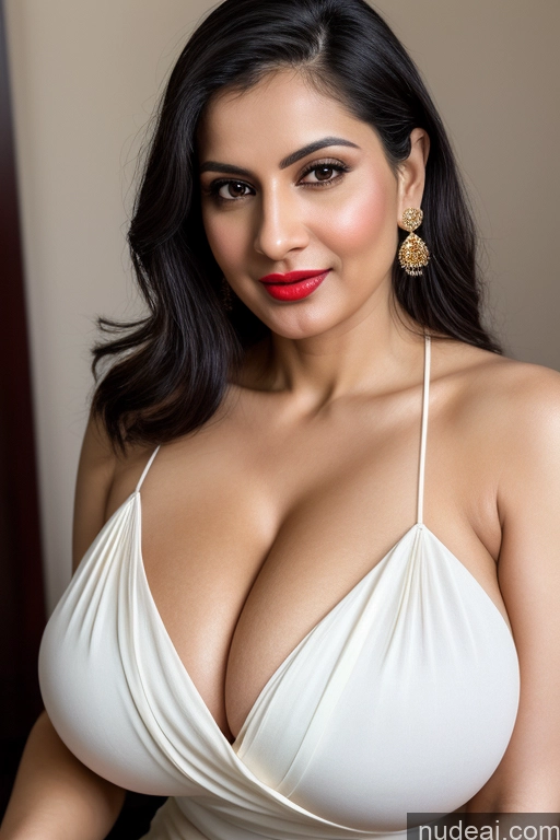 ai nude image of araffed woman in a white dress posing for a picture pics of Woman One Huge Boobs Beautiful Lipstick Fairer Skin 40s Black Hair Slicked White Close-up View Sari Cleavage Simple