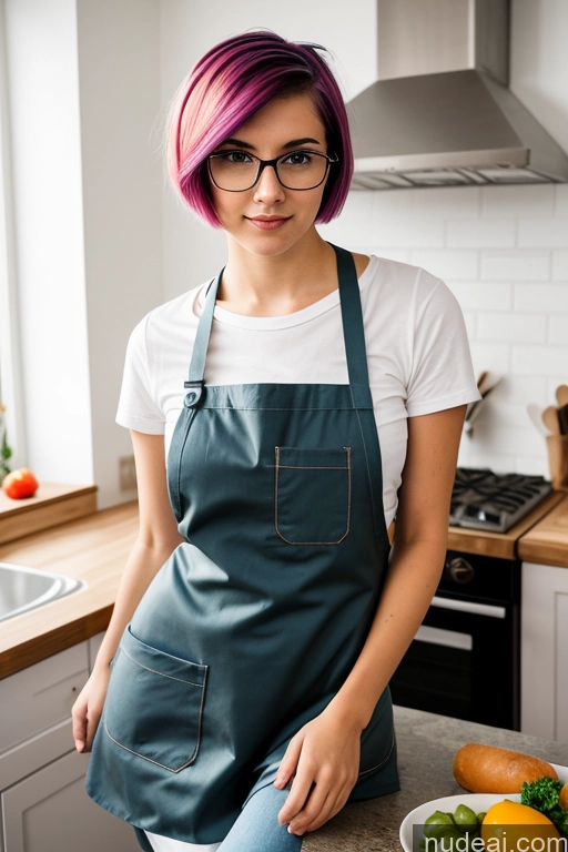 ai nude image of arafed woman with pink hair and glasses standing in a kitchen pics of Perfect Boobs 18 Sorority Rainbow Haired Girl Short Hair Czech Cooking Apron Skinny Glasses Perfect Body Seductive