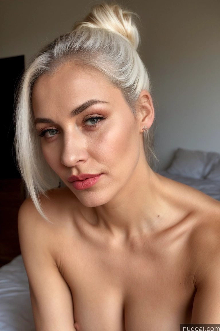 ai nude image of blond woman with a shaved head and a white shirt on a bed pics of One Small Tits Woman Skinny Pubic Hair Perfect Body Pouting Lips Lipstick White Hair Ponytail White 80s