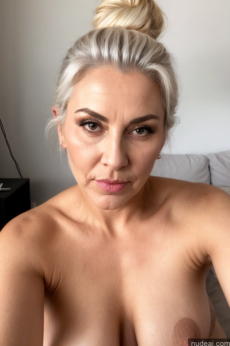 ai nude image of arafed woman with a messy bun top on her head and a messy bun top on her head pics of Milf One Small Tits Pubic Hair 30s Pouting Lips White Hair Hair Bun