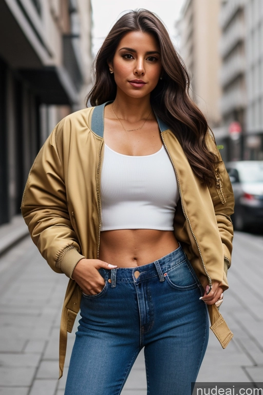 ai nude image of araffed woman in a white top and blue jeans posing for a picture pics of Woman One Serious Brunette Long Hair French Mirror Selfie Front View Casual Bomber Chemise Crop Top Jacket Jeans Parka