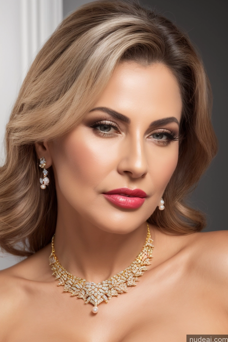 ai nude image of a close up of a woman wearing a necklace and earrings pics of Milf One Small Tits Perfect Body Beautiful Pubic Hair Lipstick Pouting Lips Greek 3d Front View High Heels Diamond Jewelry Pearl Jewelry Gold Jewelry Bright Lighting Detailed 60s