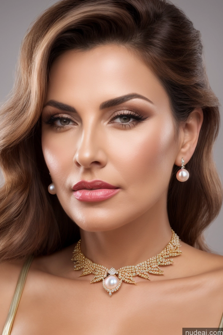 ai nude image of a close up of a woman wearing a necklace and earrings pics of Milf One Small Tits Perfect Body Beautiful Pubic Hair Lipstick Pouting Lips Greek 3d Front View High Heels Diamond Jewelry Pearl Jewelry Gold Jewelry Bright Lighting Detailed 60s