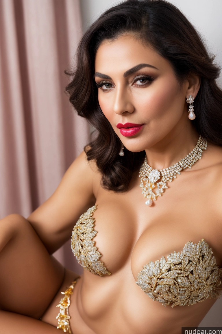 ai nude image of araffed woman in a gold bra top and a necklace pics of Milf One Small Tits Perfect Body Beautiful Pubic Hair Lipstick Pouting Lips Greek Front View High Heels Diamond Jewelry Pearl Jewelry Gold Jewelry Bright Lighting Detailed 70s Dark Fantasy