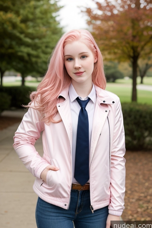 ai nude image of blonde woman with pink hair wearing a pink jacket and blue tie pics of Beautiful Fairer Skin 18 Sexy Face Pink Hair Long Hair White Jacket Jeans Polo Tie Front View