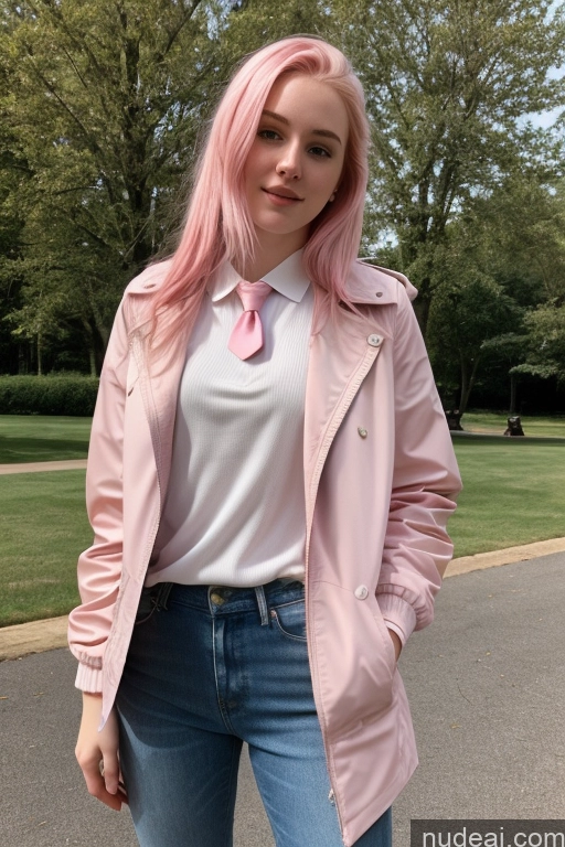 ai nude image of araffe woman with pink hair wearing a pink jacket and jeans pics of Beautiful Fairer Skin 18 Sexy Face Pink Hair Long Hair White Jacket Jeans Polo Tie Front View