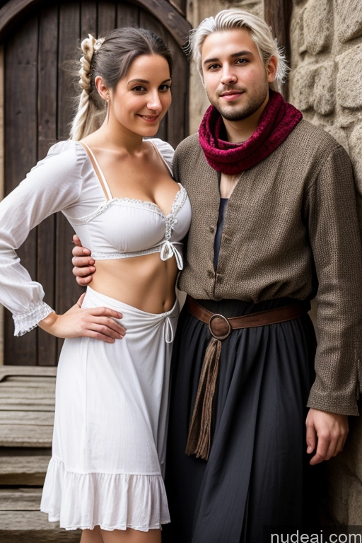 ai nude image of there is a man and woman dressed in medieval clothing posing for a picture pics of Small Tits Pubic Hair 20s White Hair Ponytail German Dark Fantasy Partially Nude Dirndl Long Skirt Medieval Scarf Traditional Woman + Man Spreading Legs