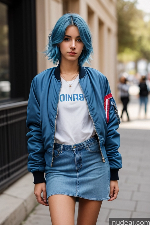 ai nude image of arafed woman with blue hair and a white t - shirt and denim skirt pics of Woman One Skinny 18 Serious Blue Hair French Front View Casual Dress Bomber Jeans