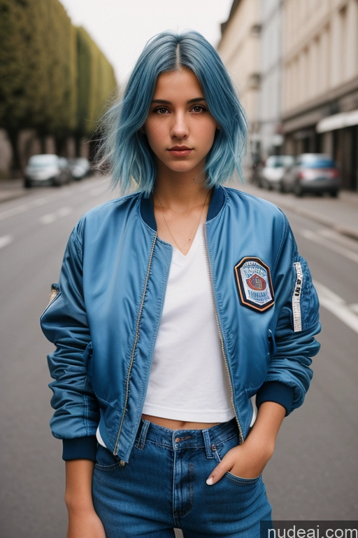 related ai porn images free for Woman One Skinny 18 Serious Blue Hair French Film Photo Front View Casual Bomber Jeans