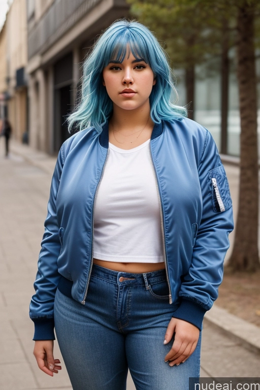 ai nude image of arafed woman with blue hair and a white top standing on a sidewalk pics of Woman One Chubby 18 Serious Blue Hair French Front View Casual Bomber Jeans