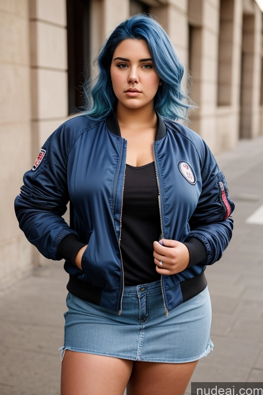 ai nude image of arafed woman with blue hair and a blue jacket standing on a sidewalk pics of Woman One 18 Serious Blue Hair French Front View Casual Dress Bomber Jeans Chubby